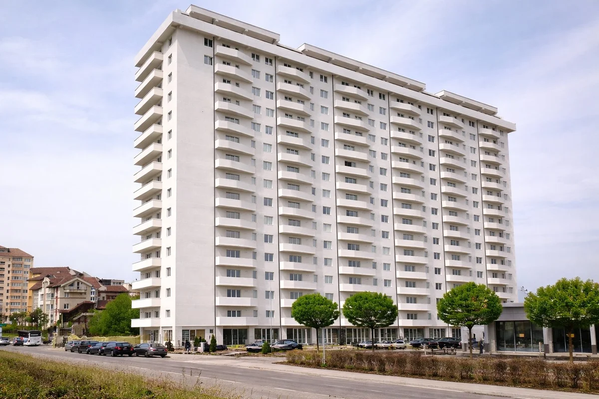 Bloc locuințe 19 nivele Cluj — finalizat cu fațadă