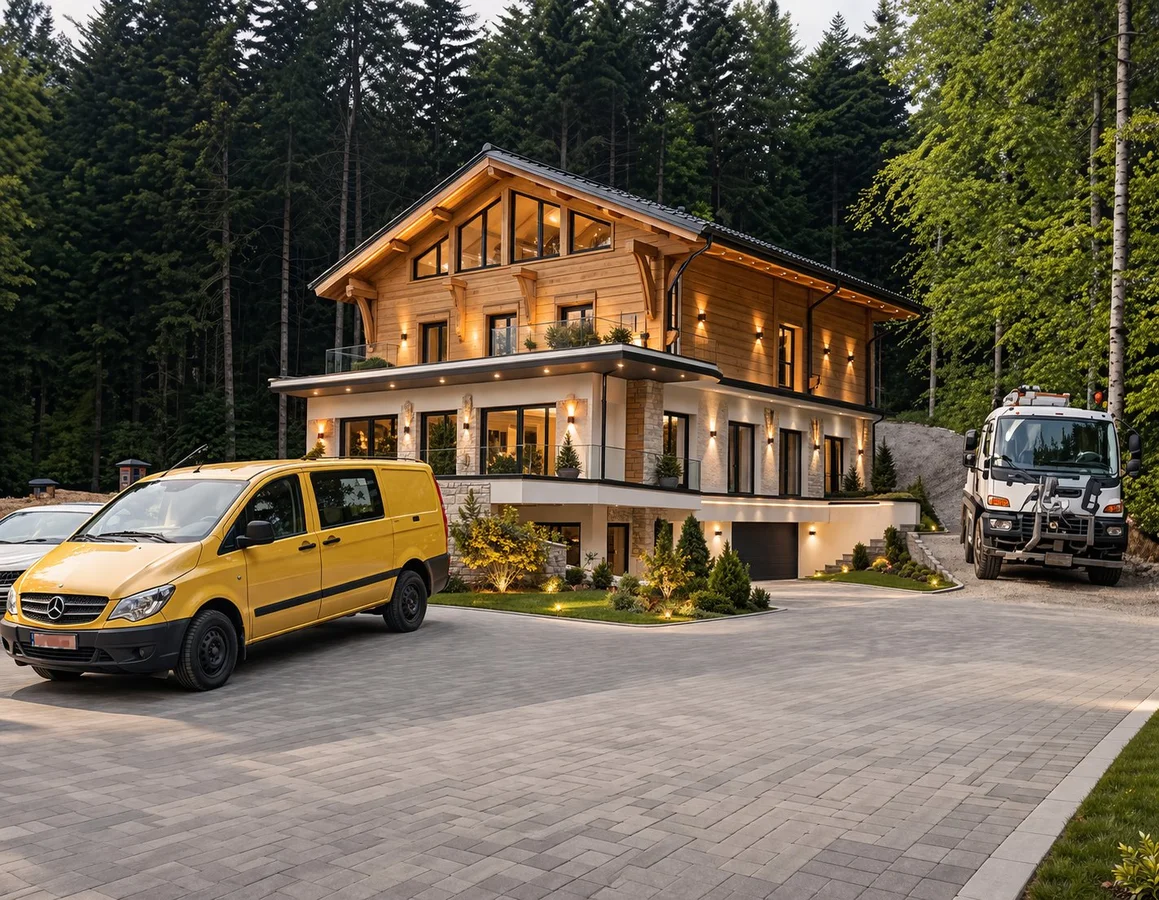 Cabană de vânătoare — exterior, construcție din bușteni, pădure