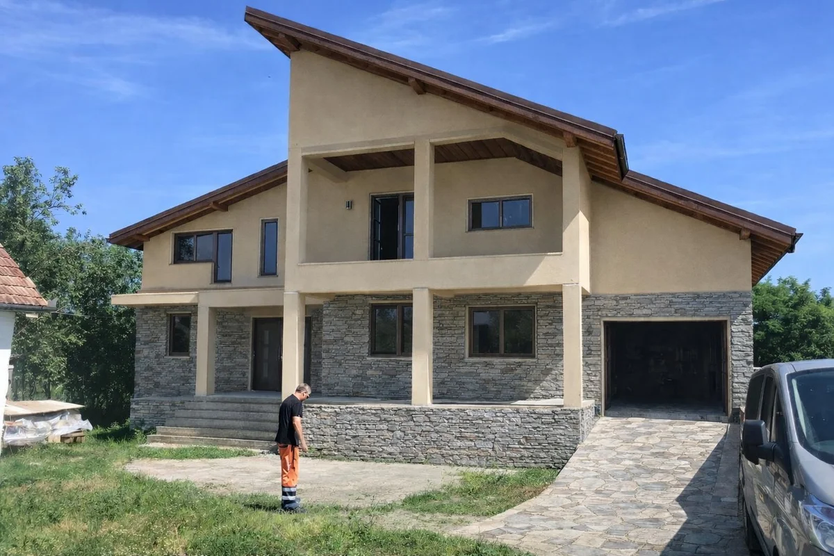 Casă unifamilială Răscruci finalizată — tencuită cu garaj